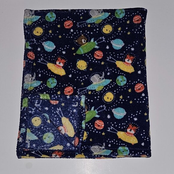 Parent's Choice Blue Fleece Baby Blanket Planets Space Ships Elephant Bear 29x34 - Picture 1 of 5